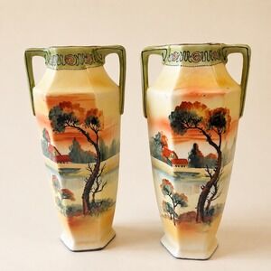 Antique Nippon Hand Painted Landscape Vases Moriage Gilt Porcelain Pair 9.5"